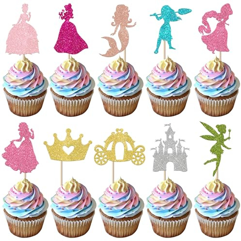 40 Pack Princess Cupcake Toppers Glitter Castle Pumpkin Carriage Cupcake Picks Fairy Mermaid Cake Decorations for Princess Theme Baby Shower Birthday Party Cake Supplies Multi