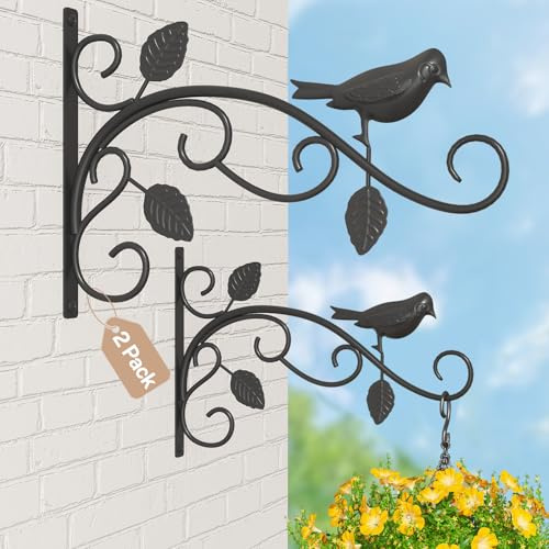 iDavosic.ly Hanging Basket Brackets Outdoor 2-Pack, 30cm Heavy Duty Iron Wall Mounted Hooks for Plants, Flowers, Bird Feeders, Lanterns, Wind Chimes, Indoor Metal Hanger for Garden Porch Patio, Black