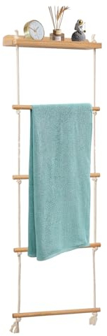 Echelle Porte-Serviettes, Porte Serviette en Bois 5 Niveaux Porte Torchon Murale avec étagère Support de Rangement Echelle Decorative Bois pour Salles de Bains Pliable