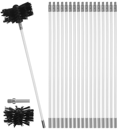 OUNONA Chimney Sweep Kit with 18 Flexible Rods and 2 Replaceable Brush Heads Pipe Cleaning Brush Set for Fireplace Flue Vent Drain and Gutter Cleaning Tools