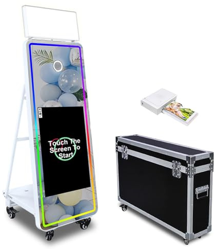 Cabine photo miroir avec écran tactile de 43, appareil photo reflex numérique avec logiciel d'éclairage RVB et étui de transport pour location d'événements et de fêtes (cabine photo + imprimante)
