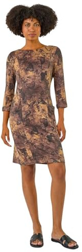 Roman Women Shift Dress with Pockets - Ladies Autumn Winter Tunic 3/4 Length Sleeve Knee Length Smart Casual Office Work Cocktail Party Round Neckline Comfy Soft - Butterfly Tan - Size 16