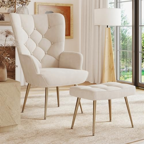 Aivermeil Samt-Ohrensessel mit Hocker, Creme | Passender Hocker; hohe Rückenlehne; Knopfheftung; Relaxsessel für Wohnzimmer, Schlafzimmer & Leseecke; bis 150 kg