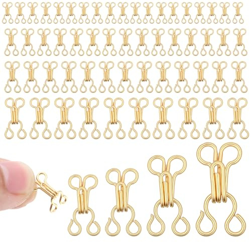 Thinp 80 Sets Hook and Eye Fastenings for Clothes, 4 Sizes Sewing Hooks and Eyes Closure Bra Hooks for Clothing Bras Trousers Skirts Pants (Gold)