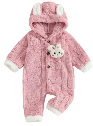 Lshyuehao Newborn Baby Girl Romper Long Sleeve Button Zipper Hooded Jumpsuit Cute Bunny Love Heart Snowsuit Fluffy Flannel Girls Winter Clothes (A-Pink, 0-3 Months)