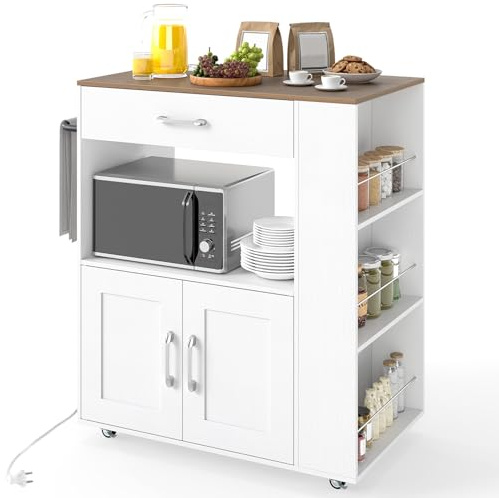 COSTWAY Carrito de Cocina con Ruedas y Estación de Carga, Armario de Sevicio Rodante con 3 Estantes Abiertos y un Cajón, Armario Grande de 2 Puertas (75 x 46 x 90,5 cm con Eschufe, Blanco)