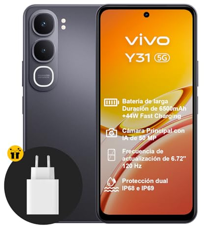 vivo Y31 5G Smartphone 6+256GB, Batería de 6500 mAh con Carga de 44W Telefono movil,Pantalla de 6,72 con 120 Hz y 1050 nits Movil,Cámara con IA de 50 MP,Doble estéreo,IP68+IP69,Negro