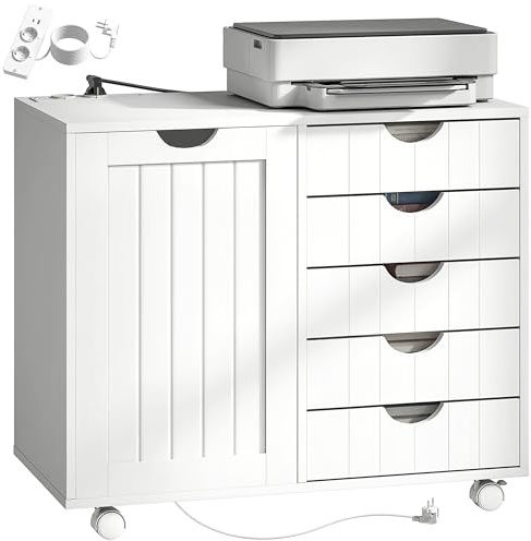 HOMCOM Mueble para Impresora con Estación de Carga, Ruedas, USB, Blanco