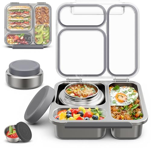 Itslife Brotdose Edelstahl Kinder Set mit Thermobehälter 200ml, Transparenter Deckel Bento Box drei Fächern, Lunch Box mit Saucenbecher für Erwachsen und Schule, BPA-frei, Grau