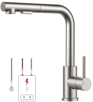 FORIOUS Niederdruck Armatur Küche, L-förmiger Küchenarmatur Ausziehbar, Mischbatterie mit 3 Anschlüssen für Boiler oder Untertischgeräte, 2 Wasserflussmodi und 360° Drehbare, Edelstahl, Gekerbt