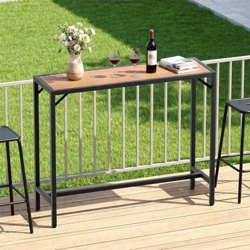 LIFERUN Table de Bar Exterieur, 120 x 38 x 98 cm, Table Haute de Jardin avec Pieds Réglables en Hauteur, Mange Debout avec Plateau Étanche pour Bistrot, Salle à Manger, Balcon, Patio, Jardin, Brun