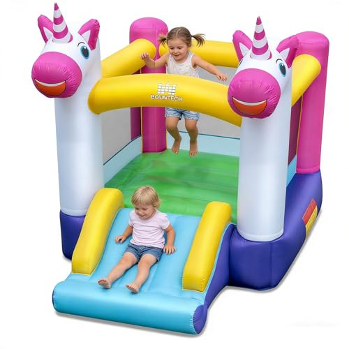 GIANTEX Castello Gonfiabile a Forma di Unicorno, Letto Elastico con Scivolo e Rete di Protezione, Castello Gonfiabile per Bambini con Borsa per Trasporto e Picchetti, 260x195x219 cm, per Uso Intern