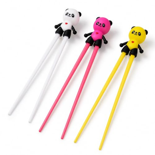 3PCS Chopsticks, Reusable Training Chopsticks Set with Fun Panda Design, Assists in Learning Utensil Skills, Three Colour Options in White, Pink and Yellow