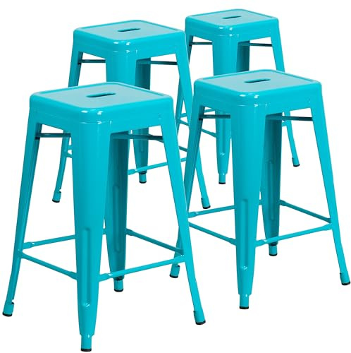 Flash Furniture Sgabelli da bar, 4 unità, qualità professionale, senza schienale, per interni ed esterni, con seduta quadrata, in plastica e ferro, 61 cm di altezza, cristallo/color foglia di tè