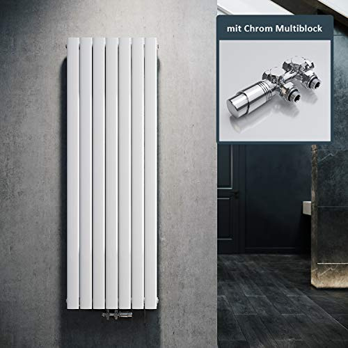 ELEGANT Design Heizkörper Flach 1600x539mm mit Chrom Multiblock Thermostat Flachheizkörper Weiß Doppellagig Vertikal Heizkörper Mittelanschluss
