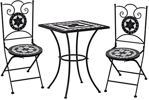 Homgoday Bistro-Set 3-teilig mit Mosaik aus Keramik Schwarz und Weiß, Gartenmöbel für den Außenbereich für Balkon, Terrasse & Garten