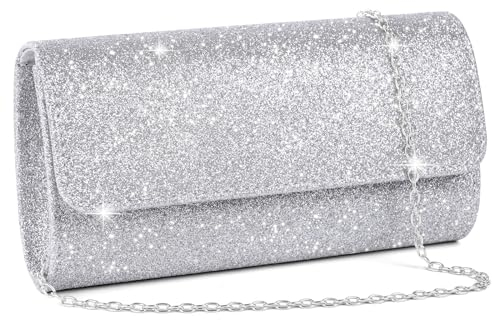 OSDUE Kettentasche, Clutch Damen, Glitzer Abendtasche, Elegante Envelope Tasche Kettentasche Schultertaschen für Hochzeit Party Freizeit Date(Silber)