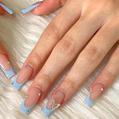 Kotkiddy 24Pcs Long Press on Nails Black French Tips Fake Nails Butterfly Rhinestone Full Cover Stick on Nails Coffin False Nails With Glossy(Blau)