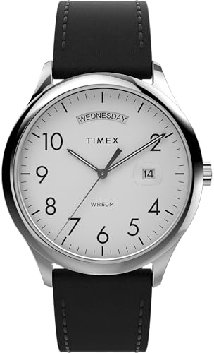 Timex - Easy Reader Klocka för män, 40 mm, svart läderarmband, vit urtavla, boett i silverton, TW2W68300