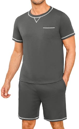 Demegimi Pigiama Cotone da Uomo Set Estivo Comodo, Pigiama Due Pezzi da Uomo, Maglietta a Maniche Corte con Tasche