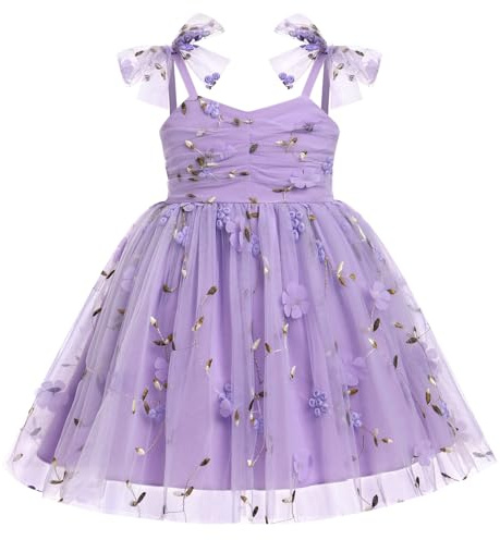 IDOPIP Robe Bébé Enfant Fille l'été Noeud D'étrave Bretelles Fines Tulle Le plissé Broderie Florale 3D Fleurs Sequins étoiles Points Colorés Fête d'anniversaire Vacances Princesse