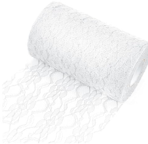 Tischläufer Spitze Weiß, 15 cm x 25 m Spitzenband Tischdeko mit Schere | Abwaschbares Tischband für Hochzeitsdeko, ideal für Hochzeit, Taufe, Kommunion und festliche Dekorationen