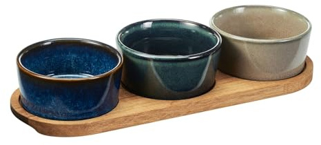 4-Piece Ceramic Serving Bowl Set with Acacia Wood Tray | Snack & Dip Platter for Parties, Nibbles & Sharing | Stylish Reactive Glaze Snack Dish Set