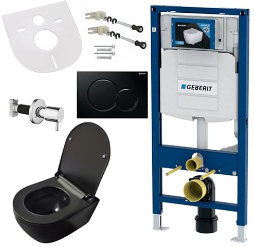 Belvit Hänge WC Komplett Set mit Bidet Funktion, Wand Toilette Schwarz mit Taharet und UP320 Vorwandelement, Absperrventil, spülrandlose Keramik, WC Sitz mit Softclose Deckel & Drückerplatte