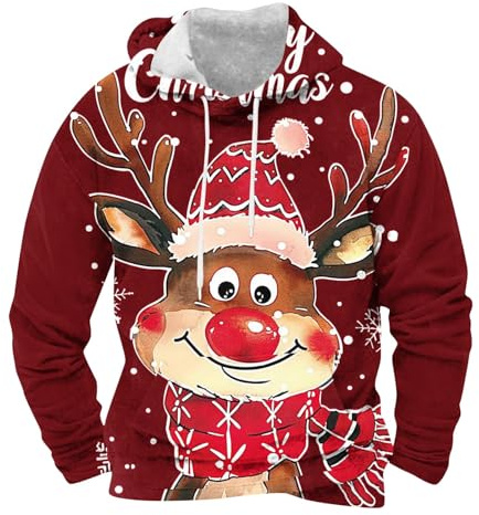 Felpa Natalizia da Uomo Maglione Stampa Renna Felpe con Cappuccio Maglioni Natalizi Divertente Pullover Natale Girocollo Maglietta a Manica Lunga Sweatshirts Coulisse Hoodie Merry Christmas Maglie