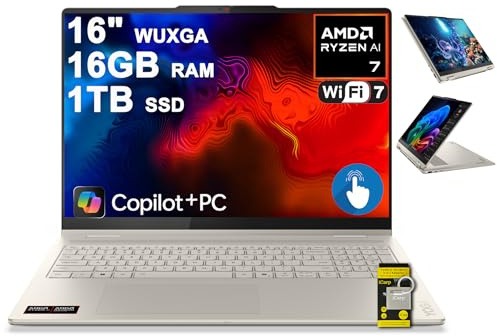 Lenovo Yoga 7 2-in-1 Laptop 16 WUXGA IPS Touch (Glossy Anti-Fingerprint) AMD 8-core Ryzen AI 7 350 (Up to 50 AI Tops) 16GB RAM 1TB SSD for Creator Business Professional Win11 ICP Hub