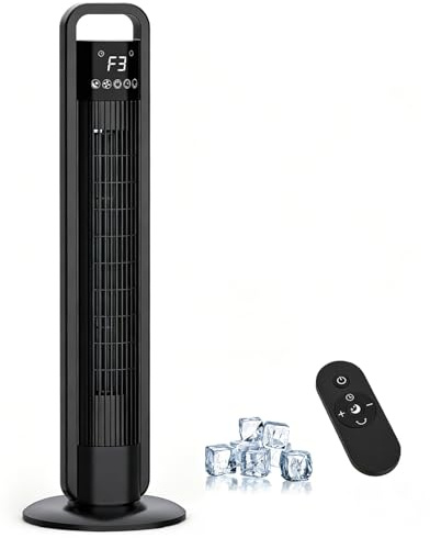 DoXtreme Ventilador de Torre Silencioso con Mando, 4 Velocidades, Velocidad de 9 m/s, Rotación de 70°, Temporizador 12H, Pantalla LED, 91cm Ventilador de Pie con Modo Sleep