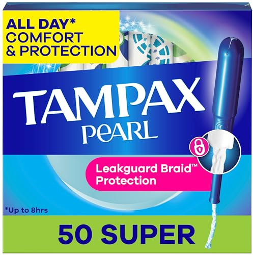 Tampax Pearl Tampons for Women, with LeakGuard Braid, Super Absorbency, Unscented, 50 Count