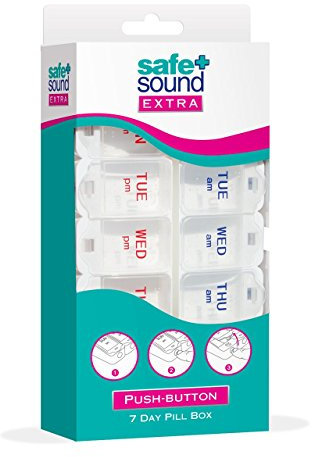 Safe and Sound 7 Day 14 Compartment AM and PM Push-button Pop-open Pill Box, Includes Two Patient Record Cards