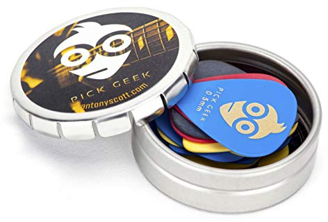 Pick Geek Delrin (Tortex) Pick Set | 16 Cool Custom Guitar Picks Plectrums for Your Electric, Acoustic, or Bass Guitar | Thin, Medium, Heavy & X Heavy | Presented in a Luxury Designed Metal Pocket Box