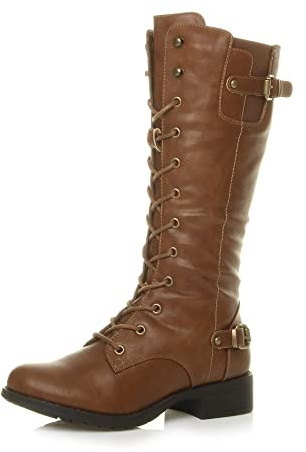 Womens Ladies Low Heel lace up Zip Biker Military Calf Boots, Tan Matte, 6 UK