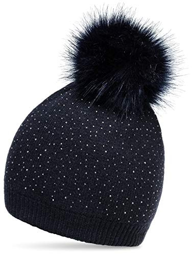Caspar MU191 Damen Fein Strick Winter Mütze mit Fellbommel und dezentem Glitzer Strass, Farbe:dunkelblau, Größe:One Size