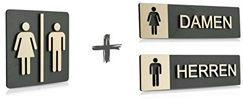 Plaque de WC en bois véritable anthracite avec piktogramme en bois - Pour homme et femme, Set 1