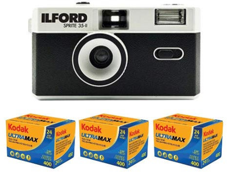 Ilford Sprite 35-II Reusable 35mm Film Camera (Silver) with 3-Pack Kodak UltraMax 400 Analog Film Bundle (4 Items)