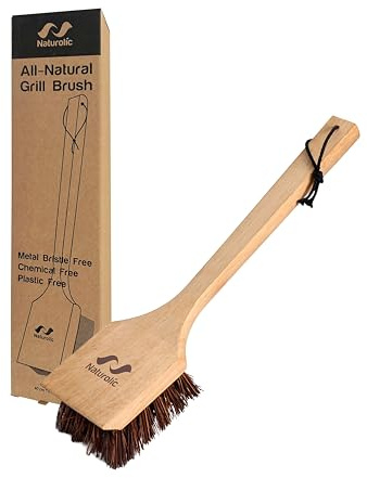 Naturolic Grill-Reinigungsbürste und Schaber aus natürlichem Holz, massiver Holzgriff, Kratzfeste Palmyra-Borsten, metallborstenfrei, plastikfrei, sicherer Grillschrubber für Outdoor-Grill