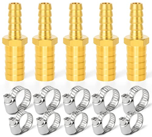 ERGAOBOY 5 st 6 mm x 8 mm mässingsreducerande slangflänsanslutning, 2-vägs rak slangkoppling med 10 st klämmor
