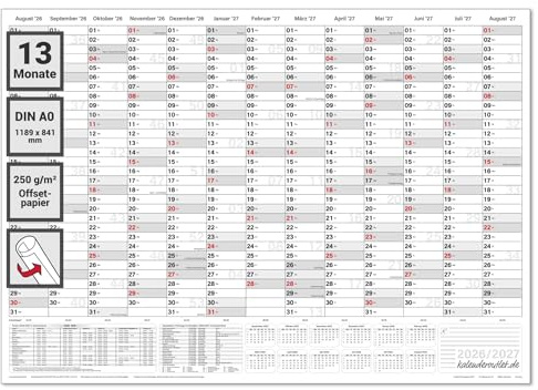 Kalenderoutlet Schulwandkalender 2026/27 DIN A0 quer XXL, Schuljahreskalender mit Ferien und Feiertagen aller Bundesländer, 118,9 x 84,1 cm, gerollt, für Lehrer und Klassenzimmer