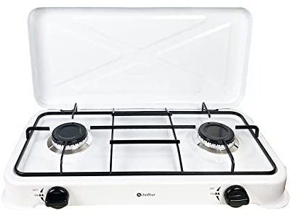 Scheffler Réchaud à Gaz Flaming Portable |2 Feux Blanc| Camping Plaque de Cuisson Gaz Cuisiniere Gaz Corps En Acier GPL Butane Propane Compatible