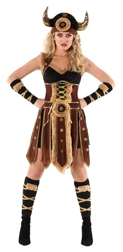 Morph Disfraz Vikinga Mujer, Disfraz Vikingo Halloween Mujer | Vestido con Ribetes Dorados, Sombrero con Cuernos & Lazos, Guerrera Nórdica, Perfecto para Halloween, Ideal para Disfrazarse