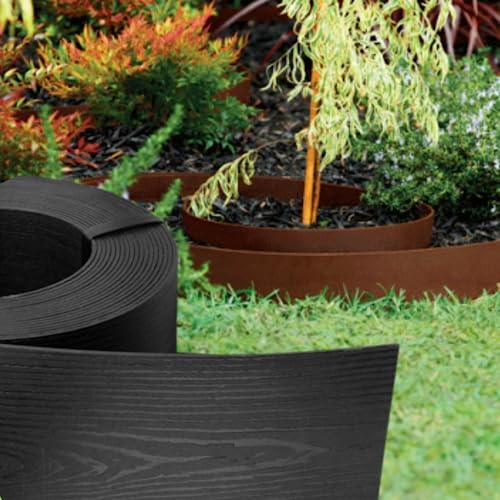 GARDENIX Flexible Rasenkante Kunststoff 10m, Höhe 130mm - Rasen Beeteinfassung Holzoptik - Beetumrandung Rund - Wetterbeständige Rasenbegrenzung, Rasenkanten Schwarz