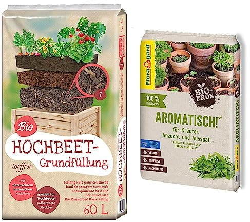 Universal Bio Hochbeet-Grundfüllung 60 Liter & Bio-Erde Aromatisch 1x10 Liter - für Anzucht und Aussaat sowie für Kräuter - torffrei und vegan