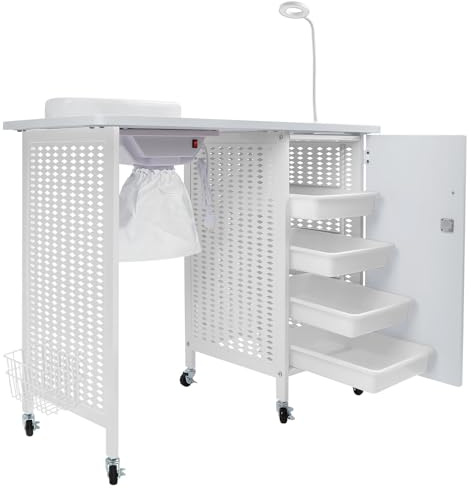 Kalolary Professional Manucure Table Salon Nail Station de Ongles Mobile avec collecteur de poussière d'ongles, 4 tiroirs, Lampes à LED, Le Repos au Poignet, la manucure de beauté Salon (Blanc)