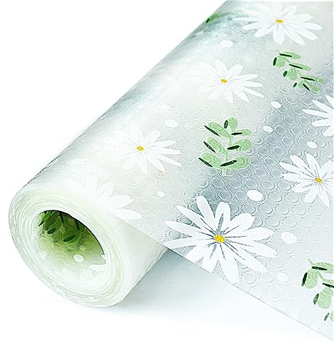KIMCHOMERSE Regaleinlage, Schubladenauskleidung für Küchenschränke, Kühlschrankeinlagen, wasserdicht, 30 x 600 cm, Transparent, Blatt und Blumen, EVA-Material