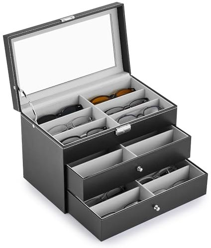 CO-Z 18 Compartment Sunglasses Organizer, Leather Eyeglasses Storage Box for Women Men, Lockable Eyewear Display Case with Drawer, Glasses Holder with 18 Slots for Watches Jewelry Collection, Black