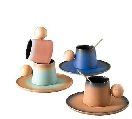 HARAY Tasses Tasse à café en céramique, Assiette, cuillère, Service à thé Domestique, Tasses de Bureau exquises Tasse de café (Color : Pink Set)
