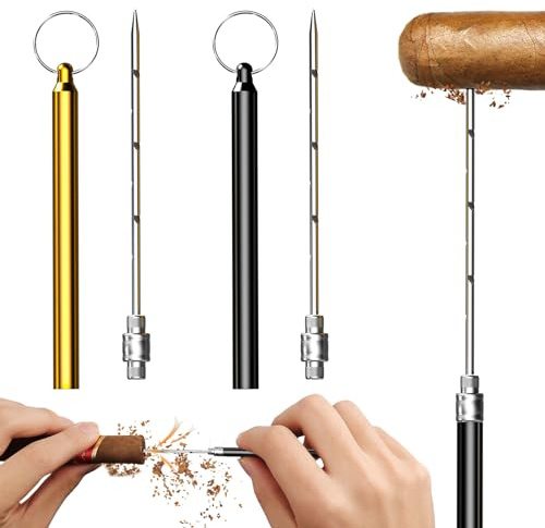 2-Pack Cigar Draw Enhancer Tool, Stainless Steel Cigar Poker, Practical Cigar Accessories for All Cigars, with Cigar Nubber Holder Avoid Burn, Portable Cigar Needle with Key Ring